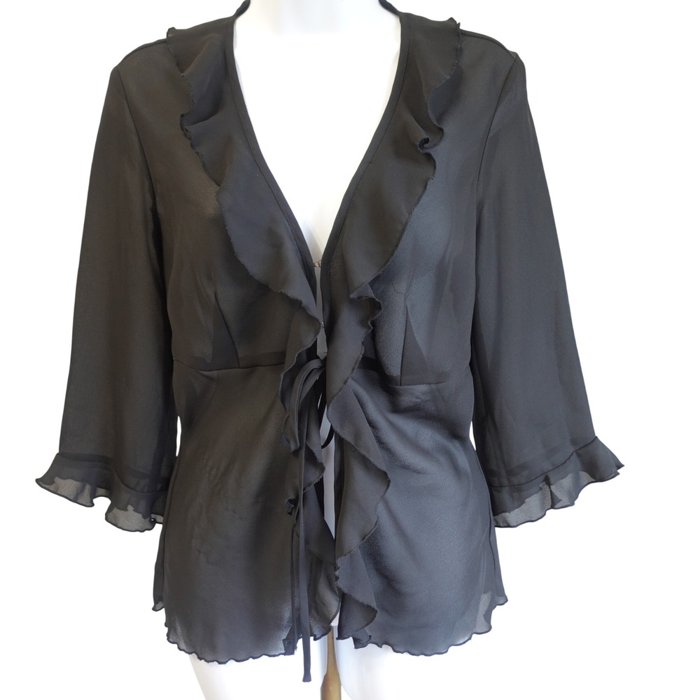 Guess Vintage Y2K Fairy Whimsigoth Top Large Black Sheer Ruffled Open Front Goth